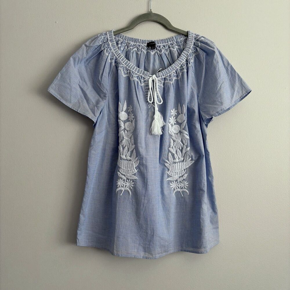Talbots Womens Embroidered Chambray Boho Peasant Top Blue White Medium Preppy